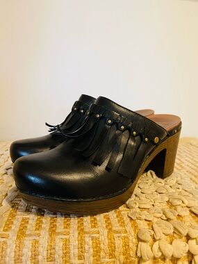 Dansko Deni Fringe Chunky Y2K Platform Leather Mule Clogs EUR 40 US 9.5-10 Black